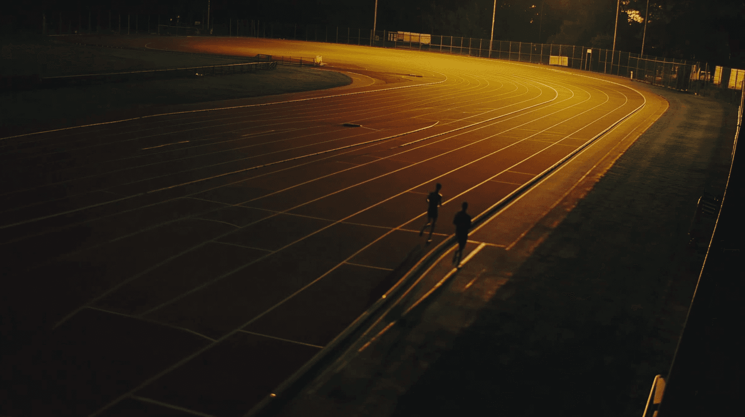 Drone shot of a running track at night